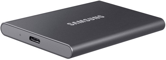 Donkergrijze Samsung Portable SSD T7 met USB-C poort.