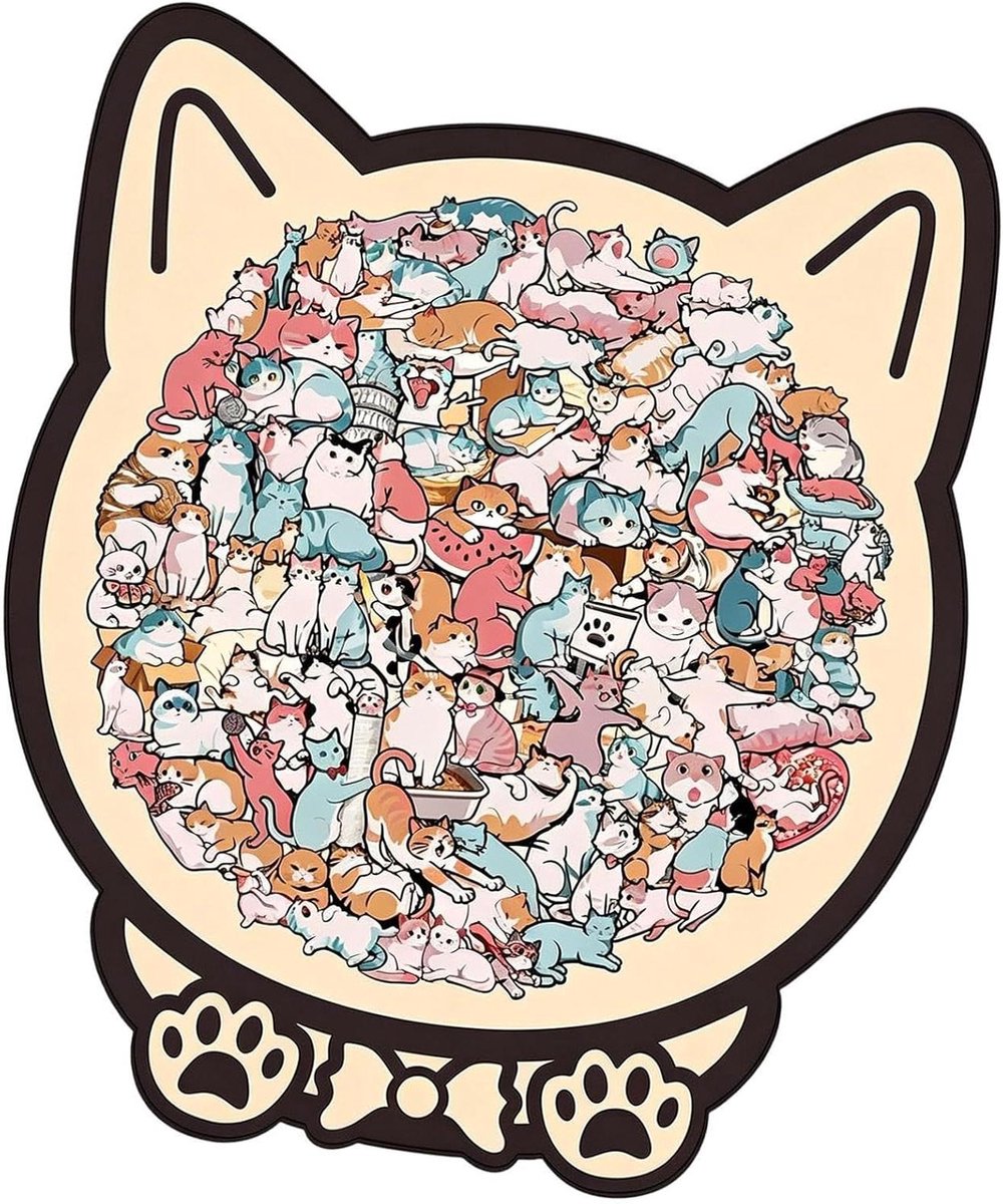 Houten Puzzel - Dierenvorm Legpuzzel - Ontspanning Thuis - Uniek Kattenontwerp - 25 x 25 cm - Morandi Kleuren