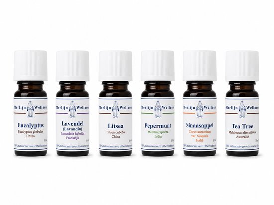 Zes flesjes etherische olie van Merlijn Wellness: Eucalyptus, Lavendel, Litsea, Pepermunt, Sinaasappel en Tea Tree.
