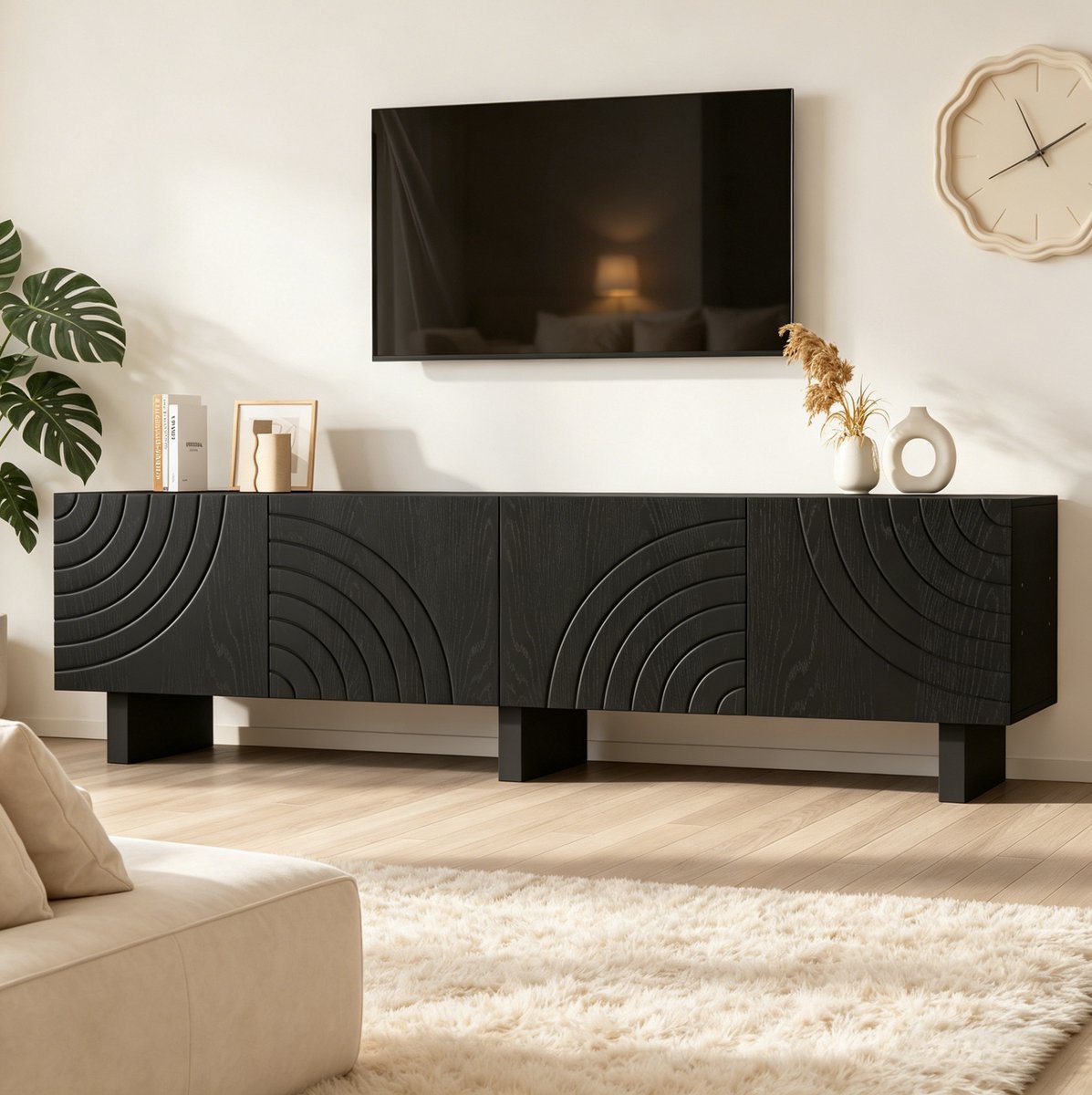 FloraGrace Tv Meubel - Modern Lowboard Met 4 Deuren En Opbergruimte - Voor Woonkamer En Televisie Tot 75 Inch - Spaanplaat - 180x40x55 Cm - Zwart