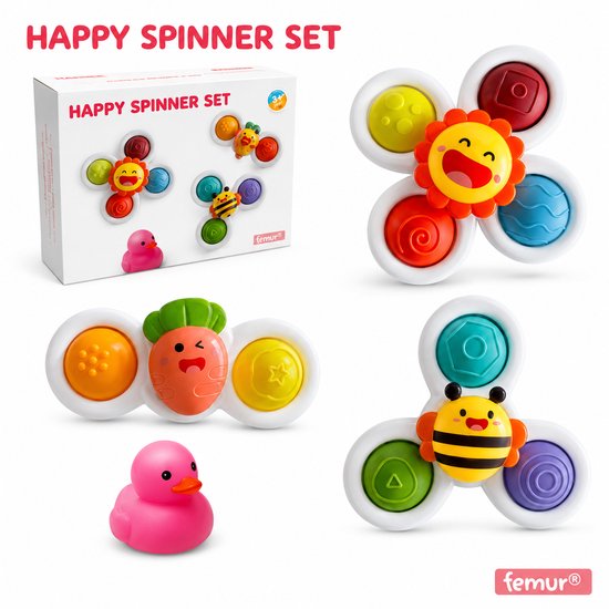 Femur® - Spinner - Fidget - Badspeelgoed - Baby Spinner - Baby - Speelgoed - 4 stuks - Badeend - Zuignap - Vrolijk - Happy - Sensorisch speelgoed - Speelgoed 1 jaar