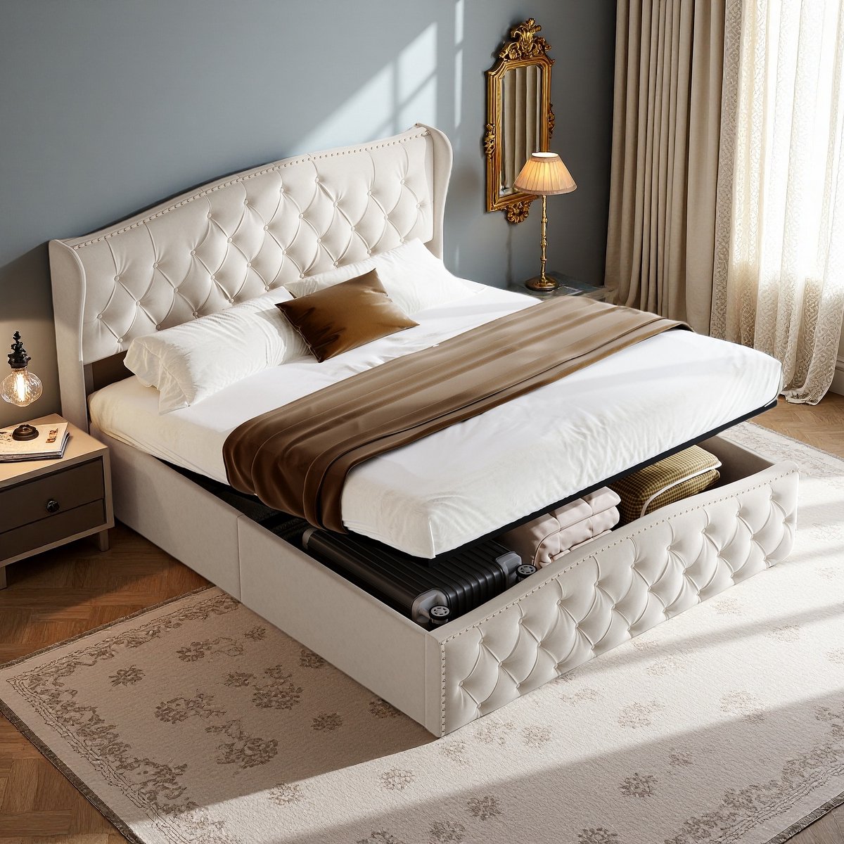 Tweepersoonsbed 140x200 cm, Hydraulisch opbergbed met lattenbodem en hoofdeinde, bedframe voor volwassenen en tieners, zonder matras, velours beige