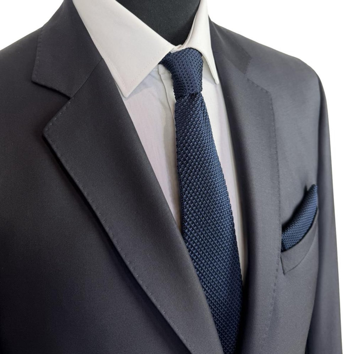 Baxter & Bow Stropdas Set Heren Marineblauw – Gebreide Stropdas met Pochet - gebreid polyester - marineblauw