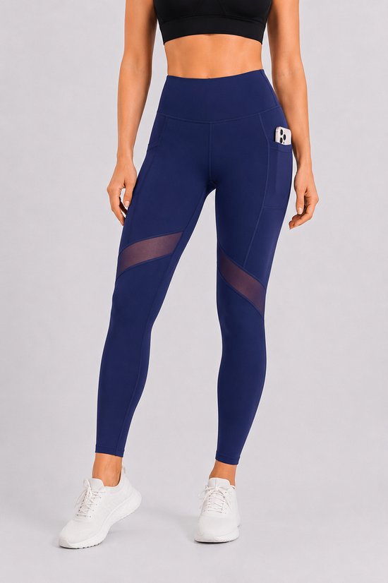 Donkerblauwe sportlegging met mesh-panelen op het onderbeen en een zakje.