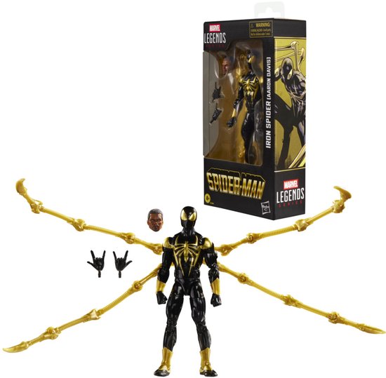 Iron Spider actiefiguur met gouden robotarmen, samen met doos, twee hoofdjes en extra handen.