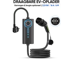 Junsun Type 2 EV EU Mobiele Thuislader Laadkabel (met aarding) - 3,5kW 1 fase (6-16A)- 6A/8A/10A/13A/16A instelbare stroom | 6 meter Laadkabel - 230V EV-oplader - Voor Elektrische Auto's - Schuko-stekker & CEE-stekker - 2 jaar garantie - IP65