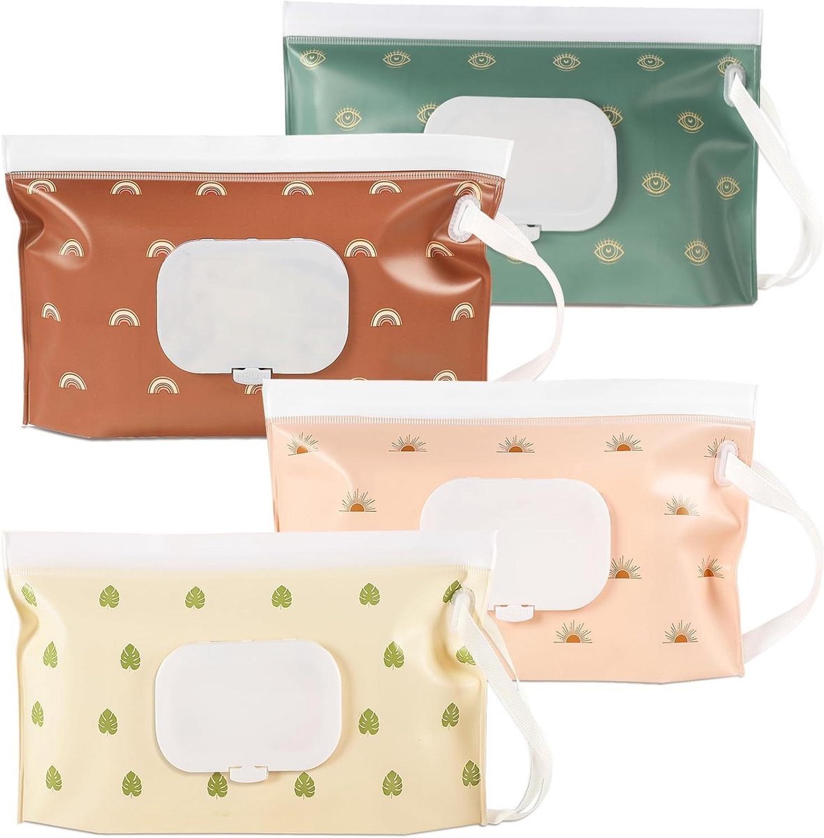 Babydoekjes Dispenser - Hervulbare Houder - Draagbaar Gemak - Druk-om-te-openen Deksel - 4 Stuks - Boho Kleuren