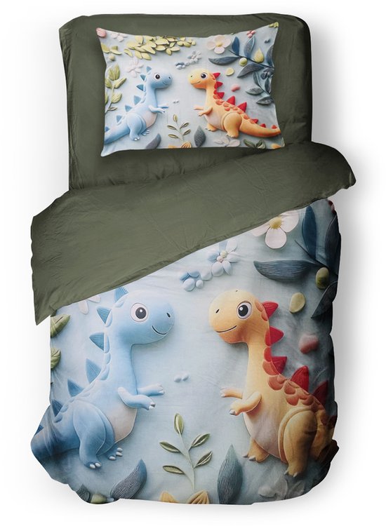 Housse de couette et taie d'oreiller avec un imprimé de deux dinosaures souriants, un bleu et un jaune, avec des épines rouges et des fleurs.