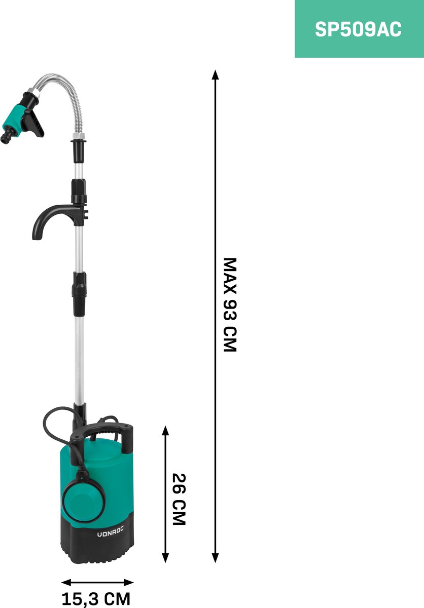 VONROC Regentonpomp 400W - 5200 lt/u – verstelbare vlotter - universele tuinslangkoppeling – 10 meter snoer – foto 2