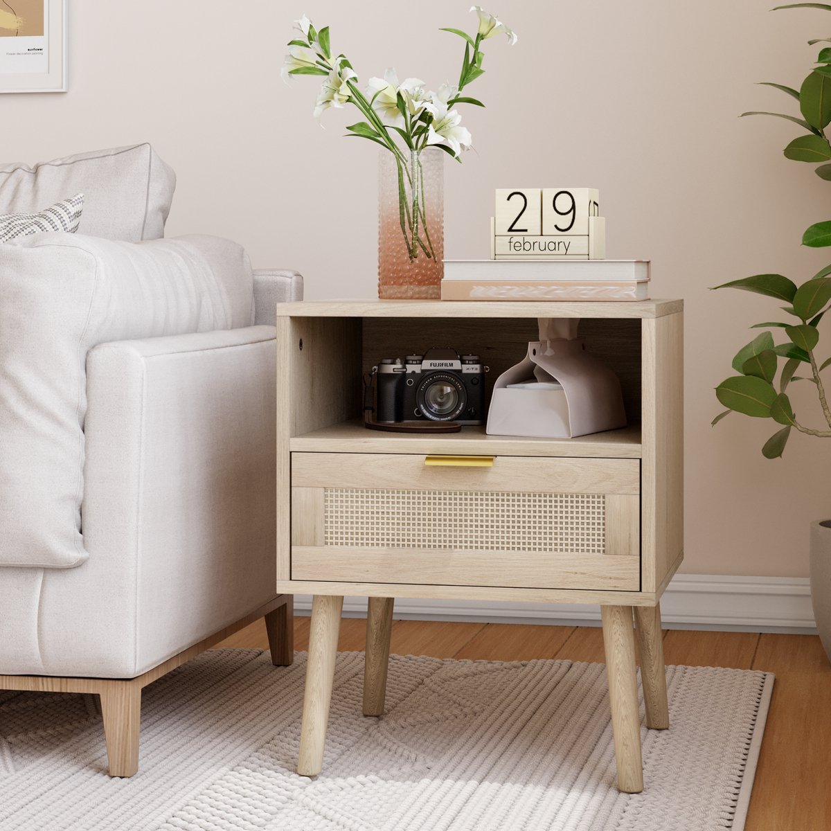 OKWISH Nachtkastje – Bohemien Design Met Lade En Open Vak – 45 x 40 x 55 cm – Opbergruimte Voor Slaapkamer Of Woonkamer – Eikenkleur