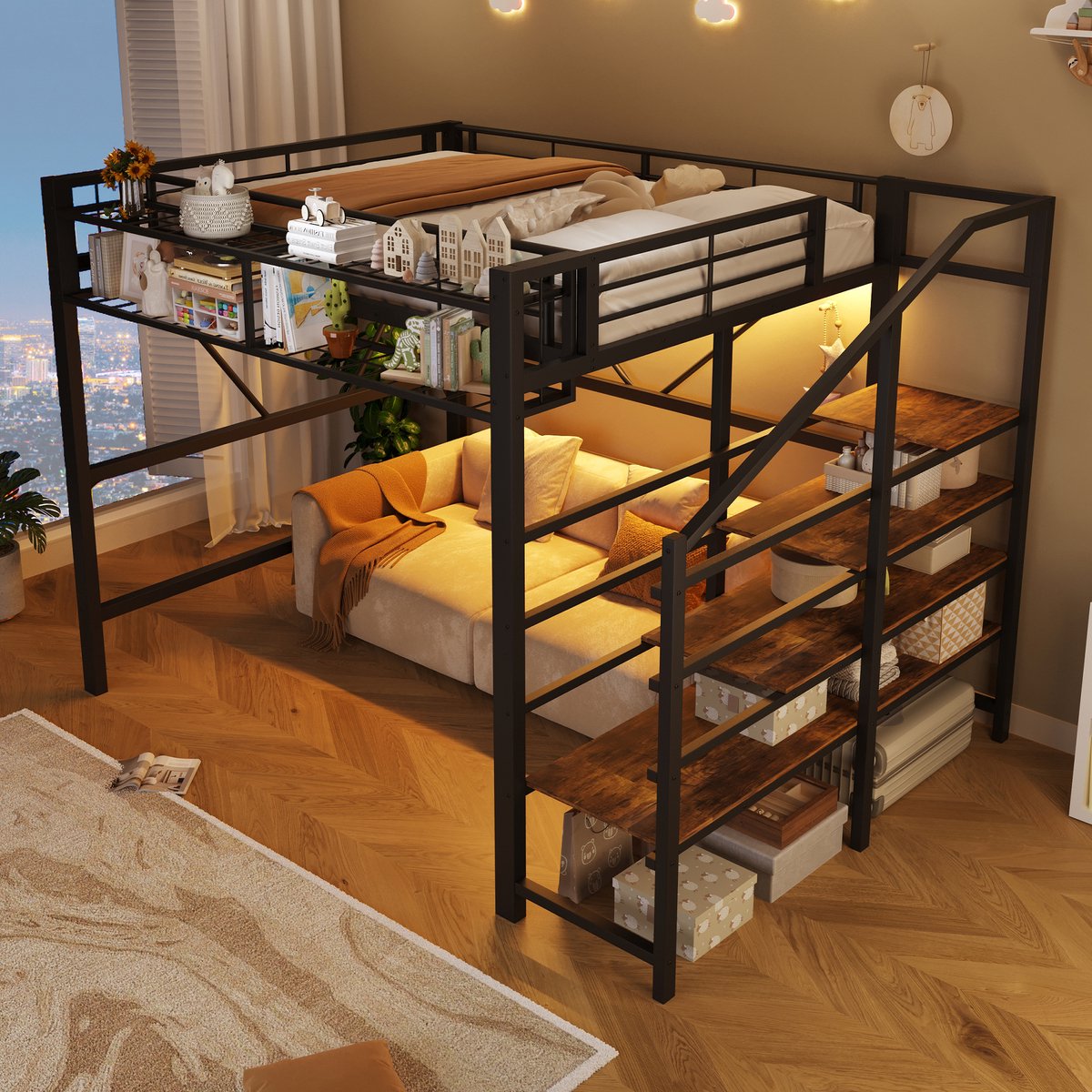 Zubaliya Hoogslaper 140 x 200 cm, Metalen Bed, Opstapje, Gaaselementen, Opbergmand, Open Opbergruimte Onder het Bed, Kinderbed met Led-lichtstrip, Exclusief Matras-Zwart