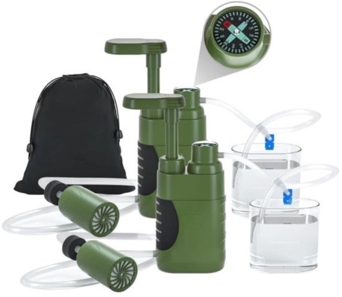 Thuys - Waterfilter Noodpakket Groen - 0,01 Micron Koolstoffilter - 4-Staps Filtersysteem - Draagbaar voor Kamperen - Wandelen en Noodsituaties