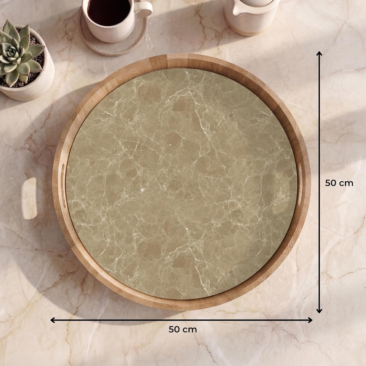 Houten Dienblad Rond - Serveerschaal Handgrepen - Ontbijt Op Bed - Krasbestendig Hittebestendig - 50x50 cm - Marmer Beige — cadeau in Cadeau-ideeën - foto 4