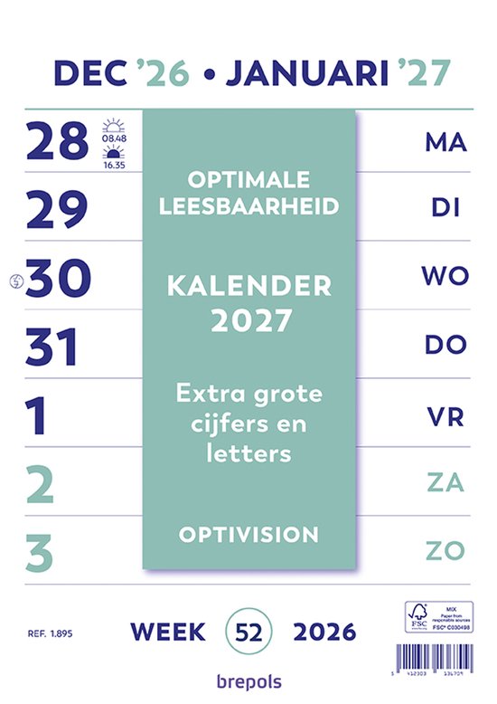 Kalender 2027 van Brepols met grote cijfers en letters. Optimaliseert leesbaarheid met de tekst OPTIVISION.