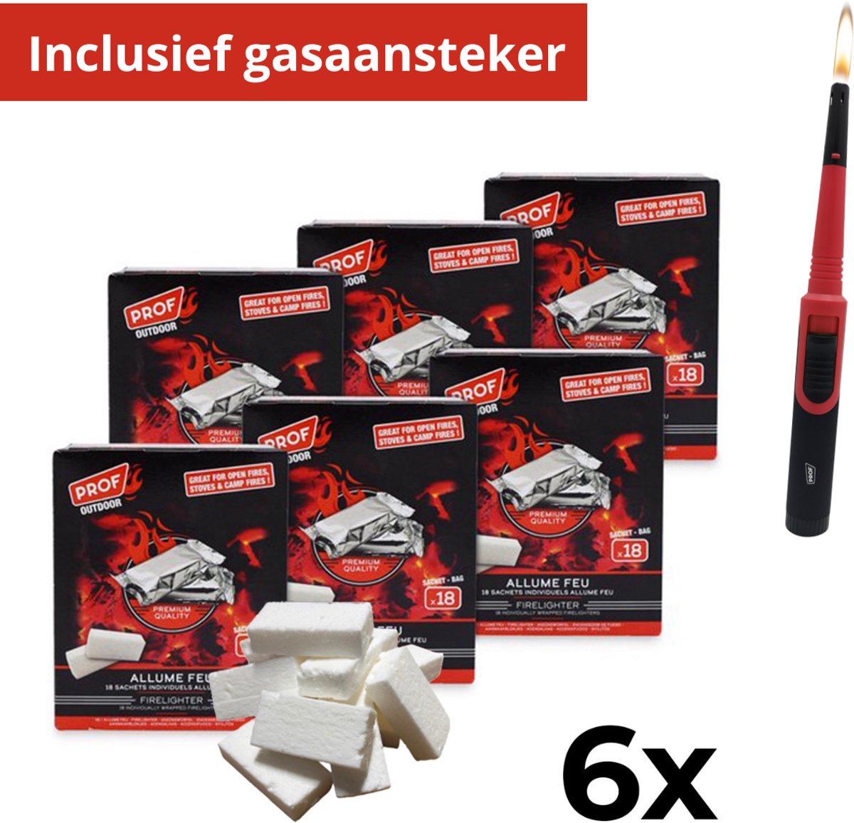 PROF Premium aanmaakblokjes per stuk verpakt - SET van 6 doosjes a 18 stuks - Geschikt voor kachels, BBQ, tuinhaarden