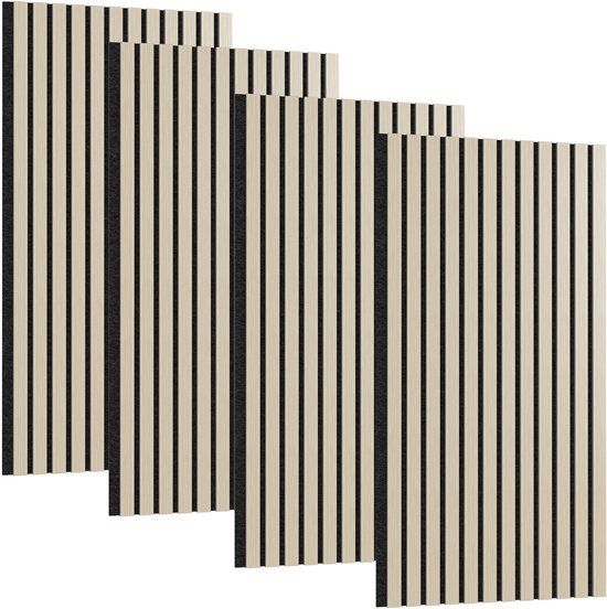Trois panneaux muraux acoustiques avec lamelles verticales en bois et fond feutré noir.