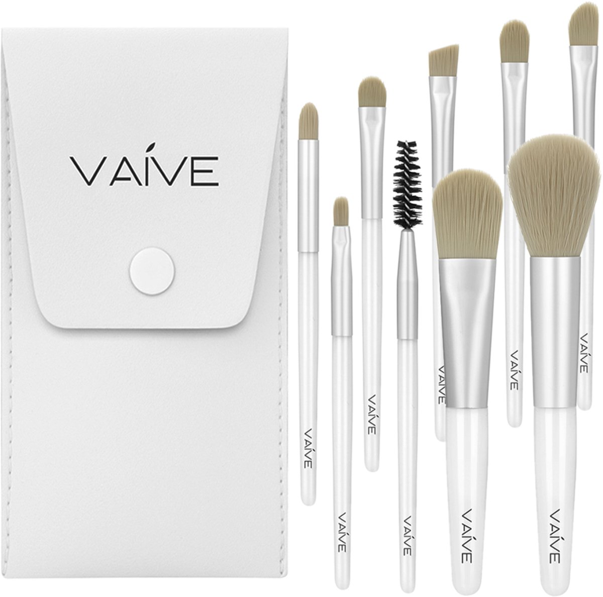 Vaive Make Up Borstels Set 9-Delig - Vegan Kwasten - Foundation, Oogschaduw, Blush, Kabuki & Bronzer Kwast - met Etui - Wit