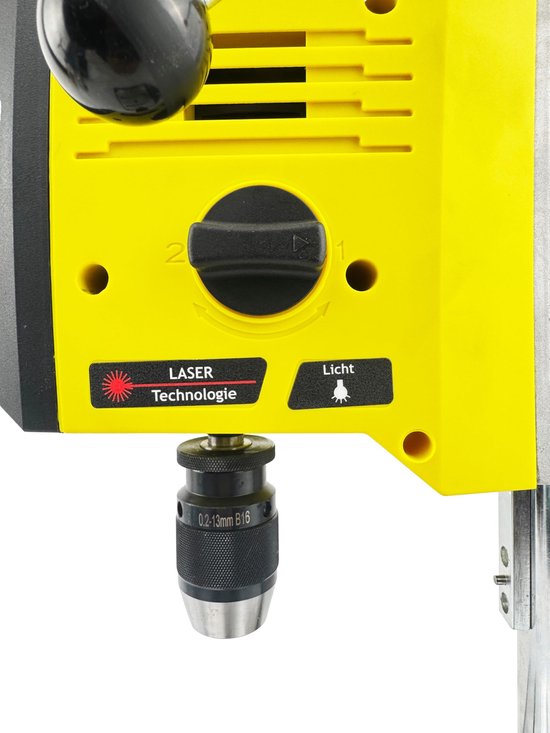 Gele boormachine met zwarte draaiknop en "LASER Technologie" en "Licht" stickers.