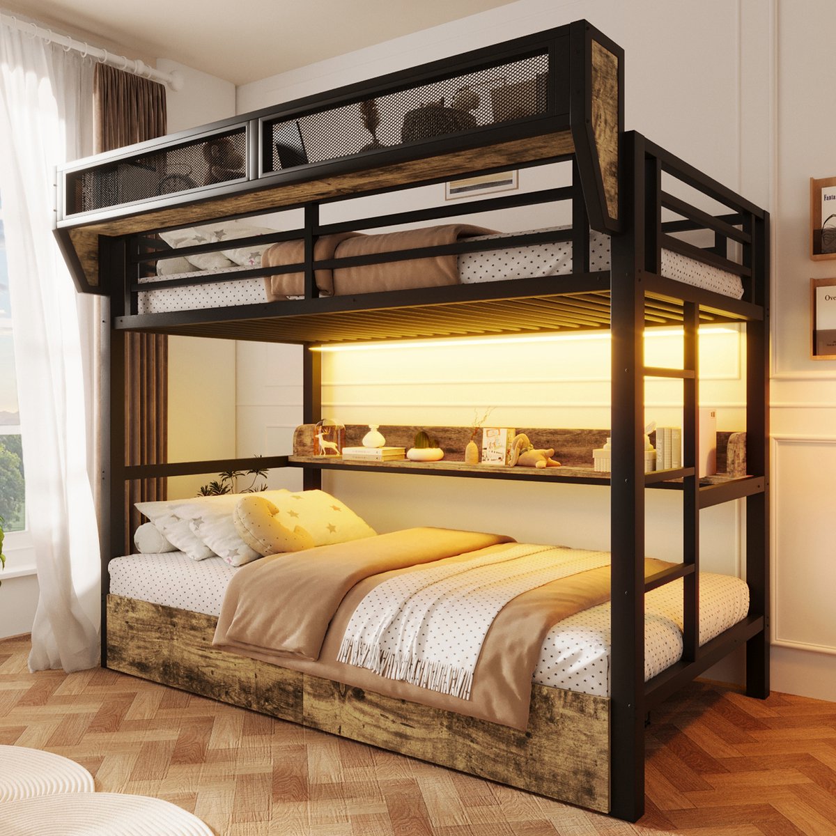 Stapelbed 90 x 200 cm, Kinderbed Ijzeren Bedframe, Plank, Opbergmand, 2 Binnenlades, Ledverlichting, Hoogslaper Zonder Matras-Zwart