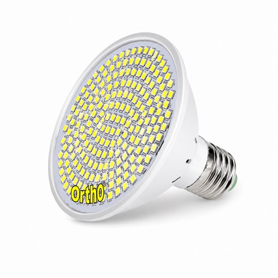 LED groeilamp met schroeffitting, de lamp is wit met een lichtblauwe rand, gevuld met gele LED's. Het Ortho logo is zichtbaar.