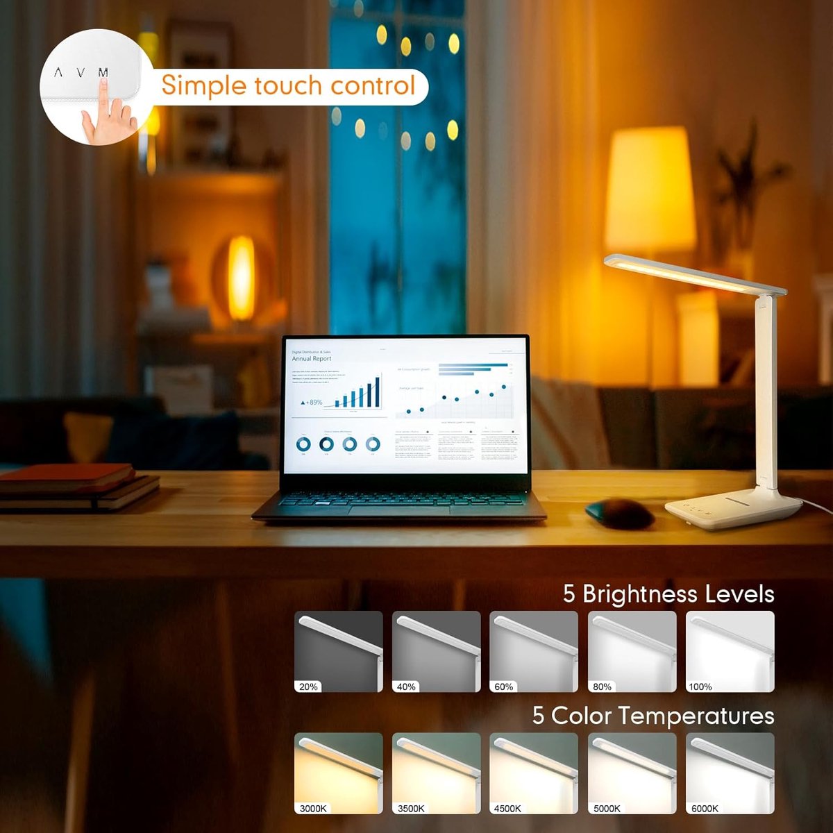 VHV Bureaulamp LED - Bureaulamp - Tafellamp - Daglichtlamp - LED leeslamp - Met USB-oplaadpoort - 5 lichtstanden - Touch-bureaulamp - opvouwbare spikelamp - voor studie, , kantoor, nachtkastje - Wit thumbnail 6