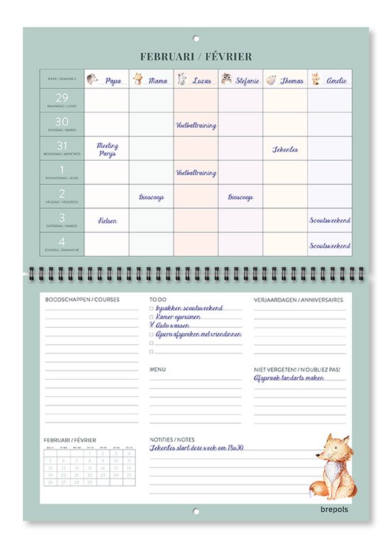 Pagina februari van de gezinskalender met vakjes voor Papa, Mama, Lucas, Stefanie, Thomas en Amelie. Met to-do lijst en notities.