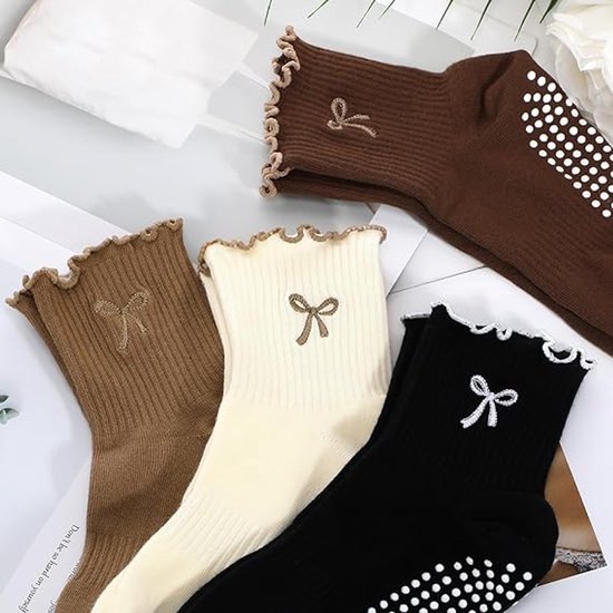 4 Paar yogasokken - Met strik & ruche - Anti-slip - Voor sport en ballet — afbeelding 3