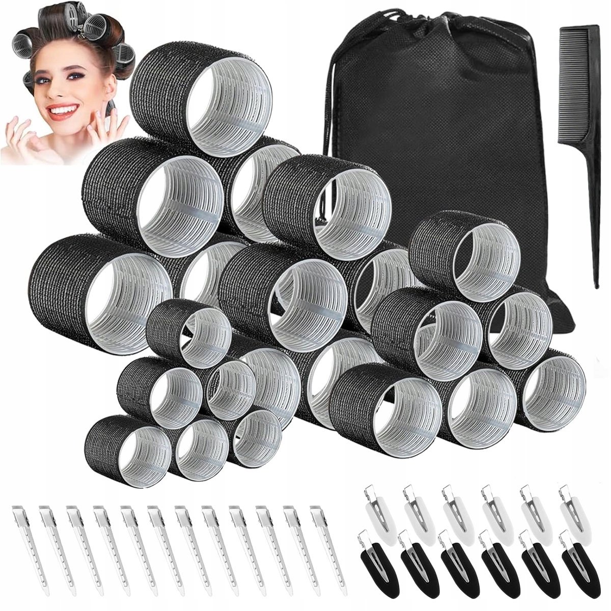 Haarrollers Set: 24 Zwarte Rollers & Clips voor Krullen