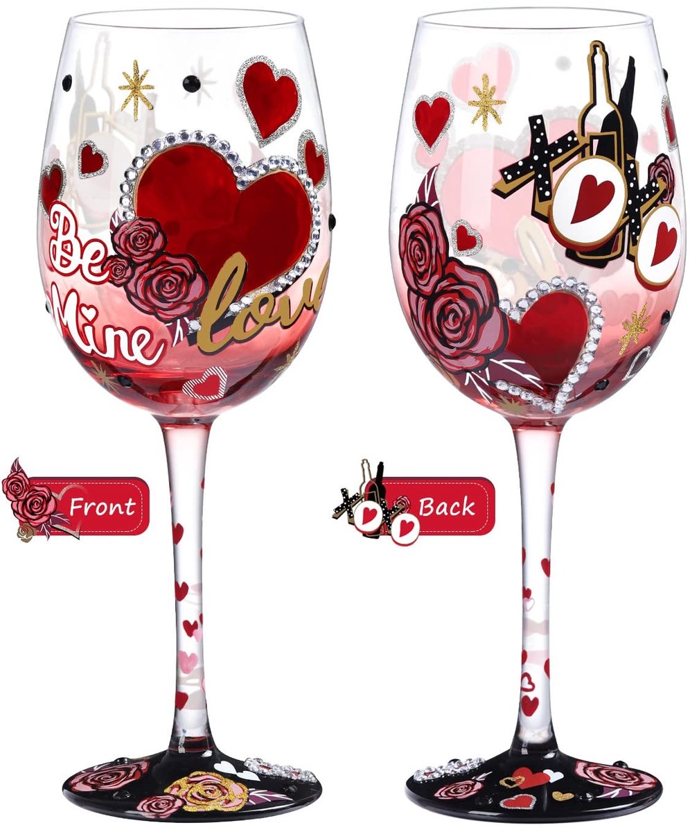 SOUQONE- Wijnglas Handgeschilderd 15oz - Kristalglas - Verjaardagscadeau - Bruiloft Gift - Rozebloem/Hart Patroon - Inclusief Geschenkdoos - Decoratief Glas