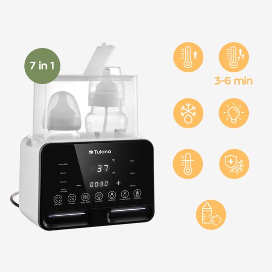 Tulano Ellie 45 Flessenwarmer 7-in-1 met Sterilisator, Dubbele Flessenverwarmer, LCD Display, Nachtlampje van Merkloos — afbeelding 3