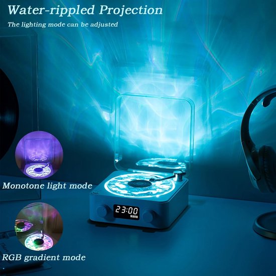 Platenspeler, Waves Bluetooth-speaker, draagbare vintage vinyl-speaker met instelbaar licht en tijdweergave voor slaapkamer en feestjes, wit — afbeelding 3