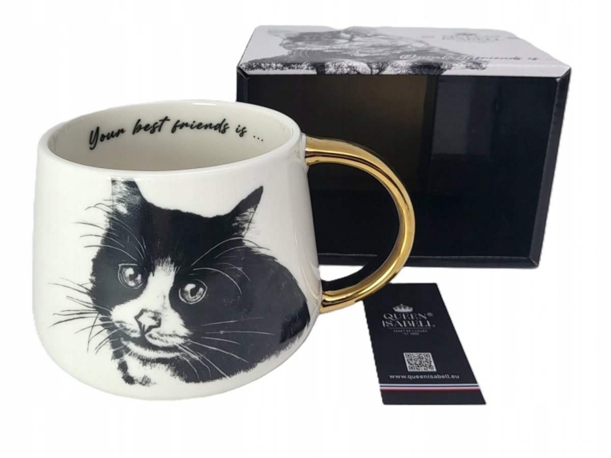 Elegante porseleinen mok met kattenprint en gouden handvat - 400 ml