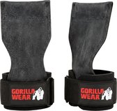 Een paar zwarte Gorilla Wear lifting grips met leren handpalm en zwarte polsband.
