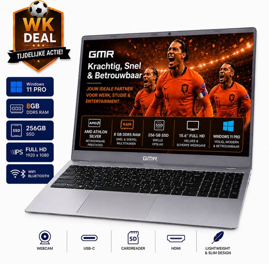 Office Laptop 15.6 Inch Full HD - Windows 11 Pro - 8GB RAM - 256GB SSD - GMR Notebook voor Studie, School, Office, Internet, E-mail en Thuiswerken - AMD Athlon Silver - Studenten Laptop - Werk Laptop