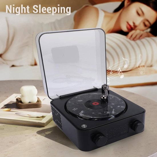Retro Bluetooth-speaker, draagbare Bluetooth-speakers, stereospeaker met waterrimpeleffect-verlichting en tijdweergave, retro platenspeler-stijl Bluetooth-speaker voor slaapkamer en studio (hoogglans zwart) — afbeelding 2