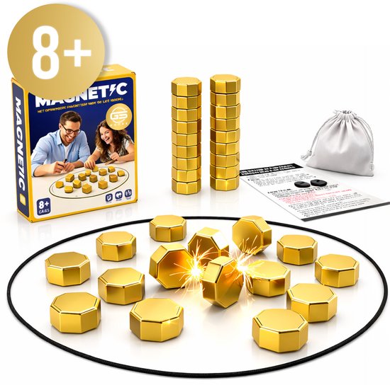 Kartonnen doos met 2 gouden magnetische zeskanten en een grijze opbergzak. Ook twee gestapelde torens van zeskanten en instructies.