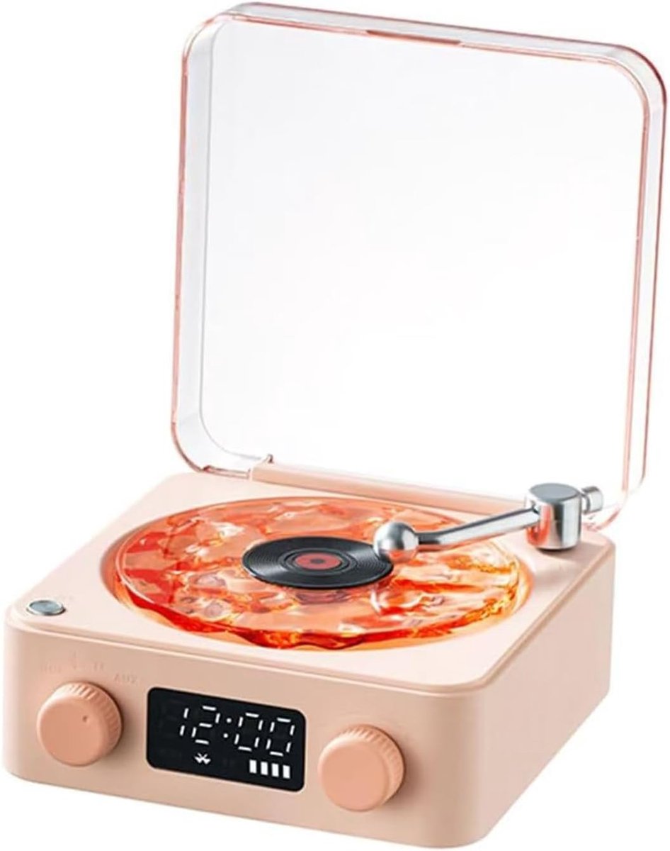 Platenspeler & Bluetooth-speaker – Nieuwe draagbare vintage vinyl-speaker (model 2026) met instelbare verlichting en klokfunctie – Voor slaapkamer en feestjes (Roze)