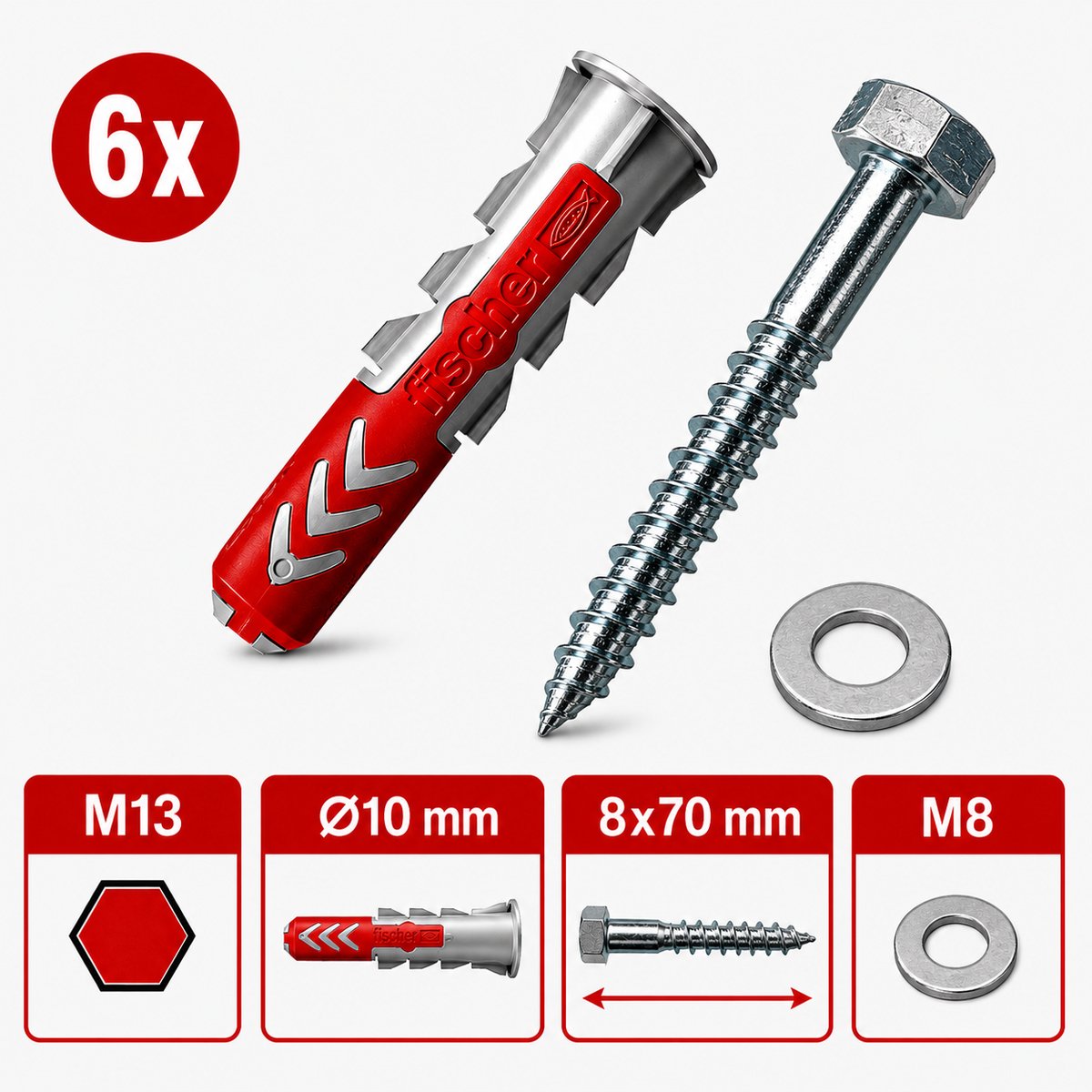 Fischer pluggen en schroeven set 10mm DUOPOWER houtdraadbouten (6 sets)
