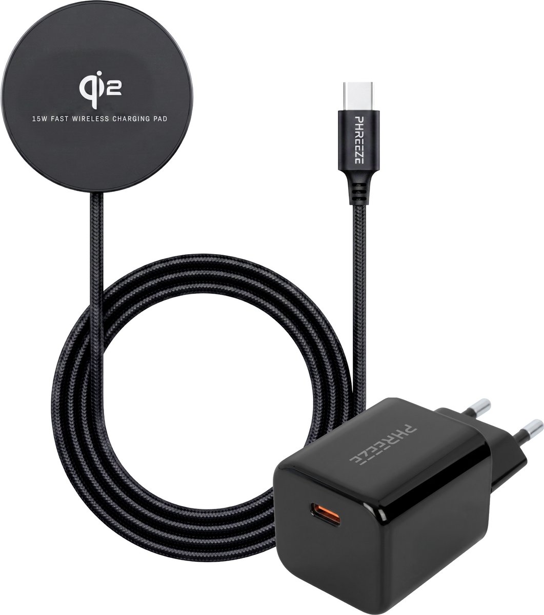 Qi2 Wireless Charger + Mini 30W USB C Adapter GaN - 1 Meter - Snellader - Draadloze Oplader - Magnetisch - Geschikt voor iPhone 17/16/15/14/13/12