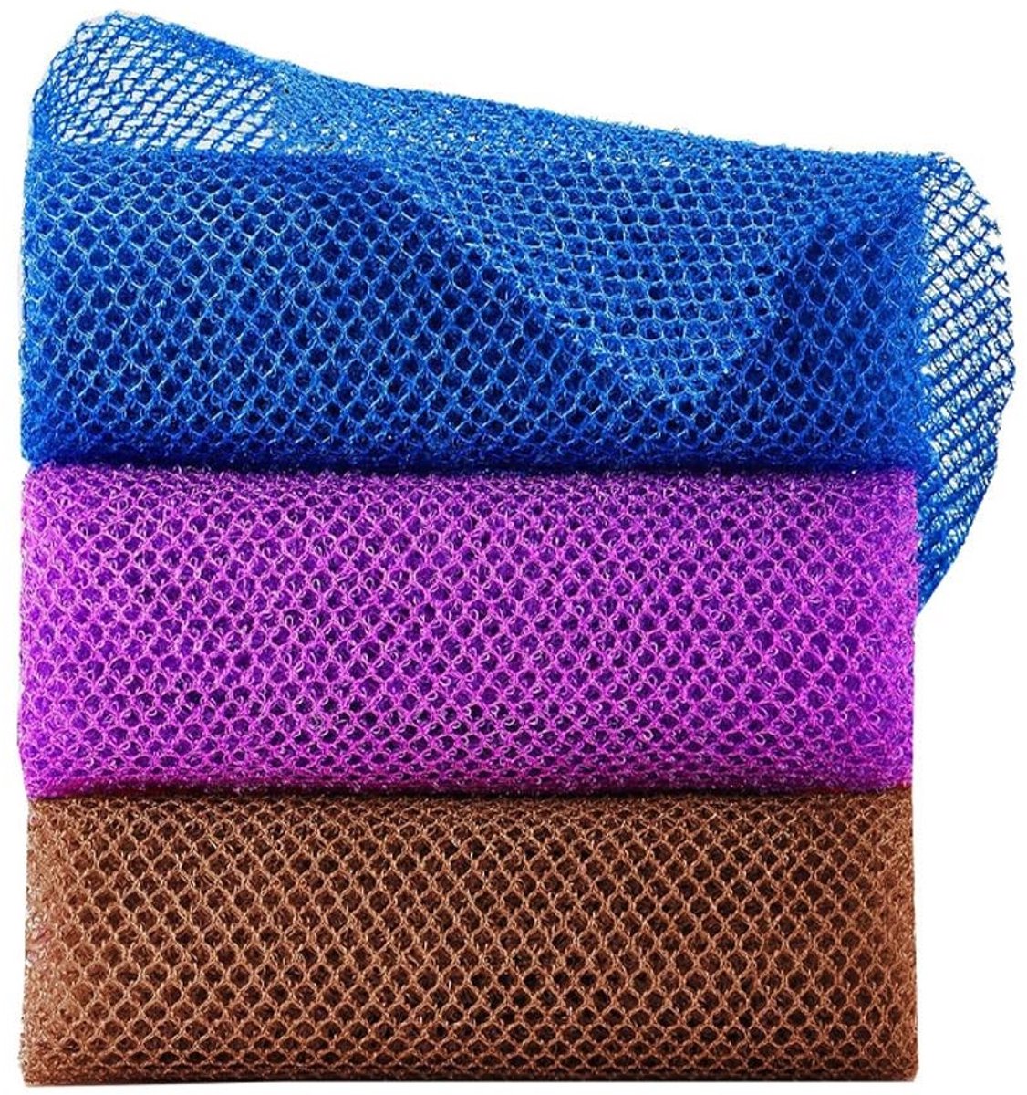 Dailygoods- Netspons 3 Stuks - Exfoliërende Scrubnet - 80 x 30 cm - Nylon/Polyester - Geschikt voor Thuis/Reis/Camping - Blauw/Paar/ZWART - Badspons