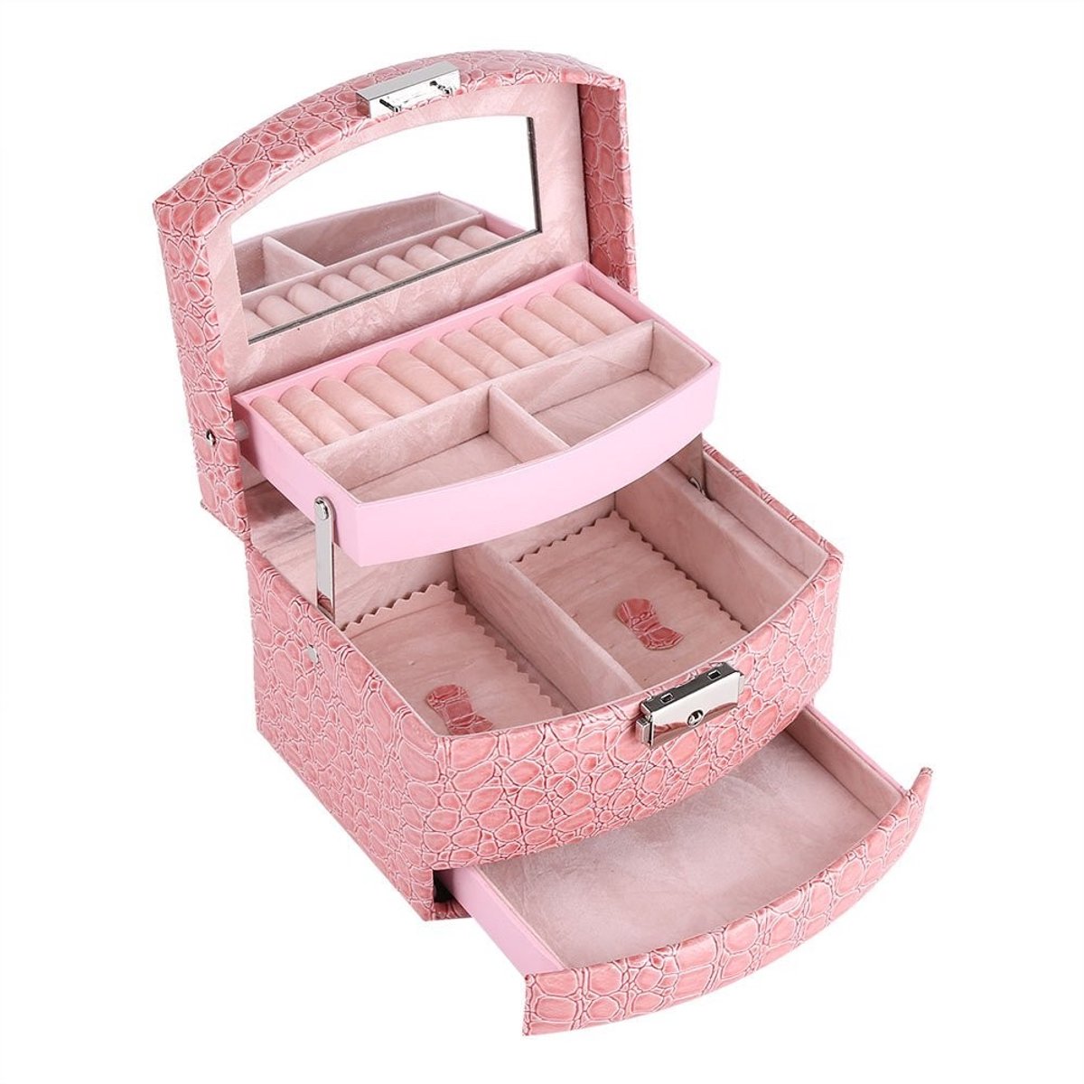 JHUBERS- Sieradenbox met 3 Lagen - PU/Spiegel - Vergrendelbaar met Sleutel - Opbergruimte voor Sieraden - Afmetingen 15x13x12 cm - Duurzaam Ontwerp - Sieradenkist