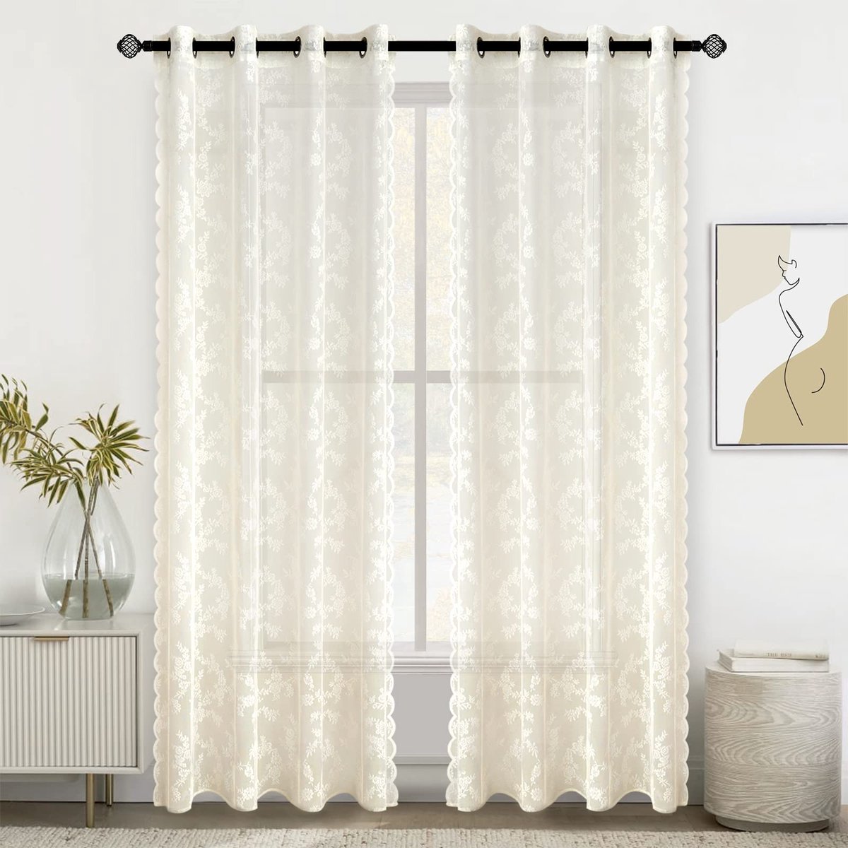 JHUBERS- Gordijnen 150 x 225 cm - Set van 2 Stuks - Voile met Ogen - Transparant - Decoratief - Pruimenbloesempatroon - Raamdecoratie