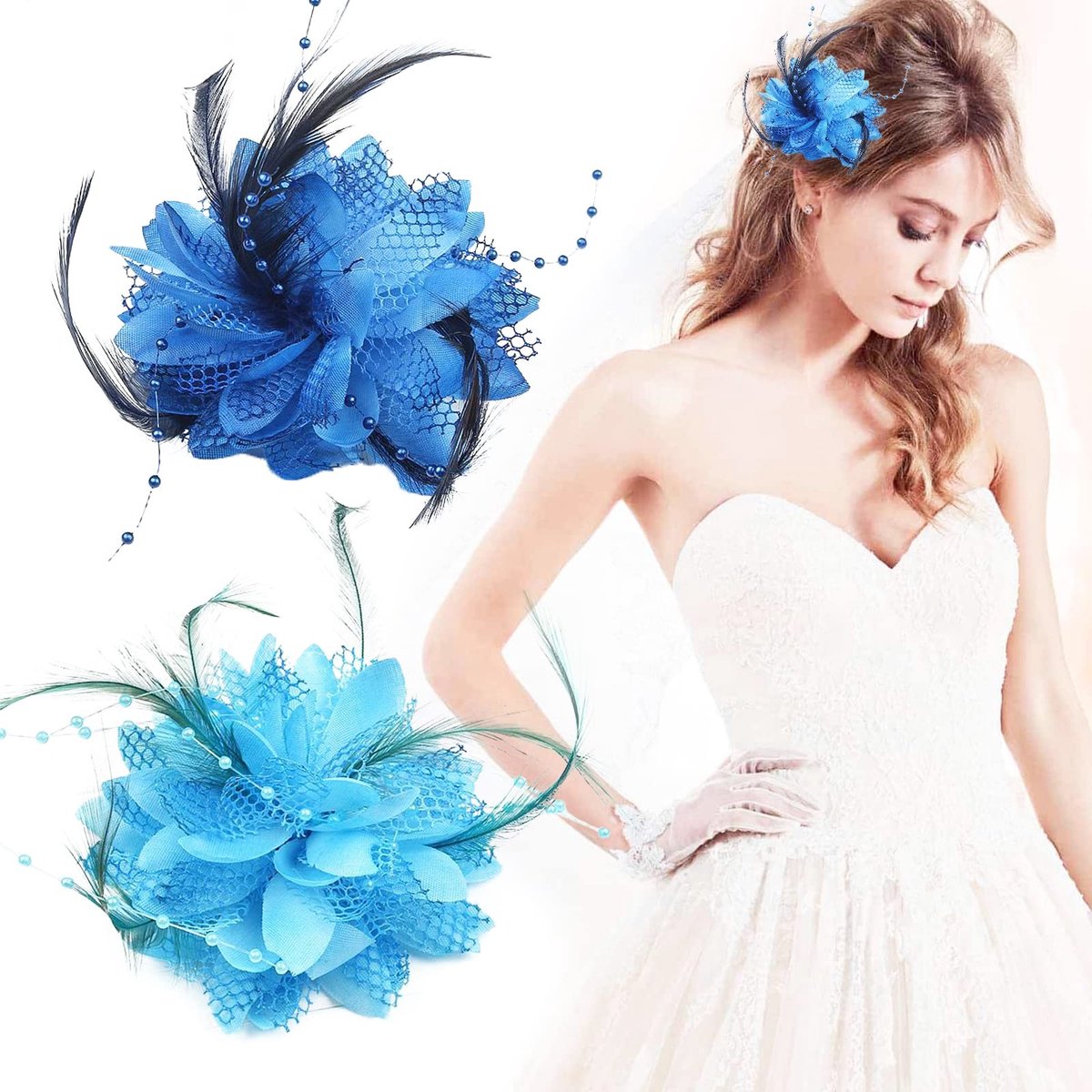 ZEYNOMAX- Fascinator Kobaltblauw - 2 Stuks - Hoofddeksel Feest - Haarclips - Veer/Bloem - Elastische Band