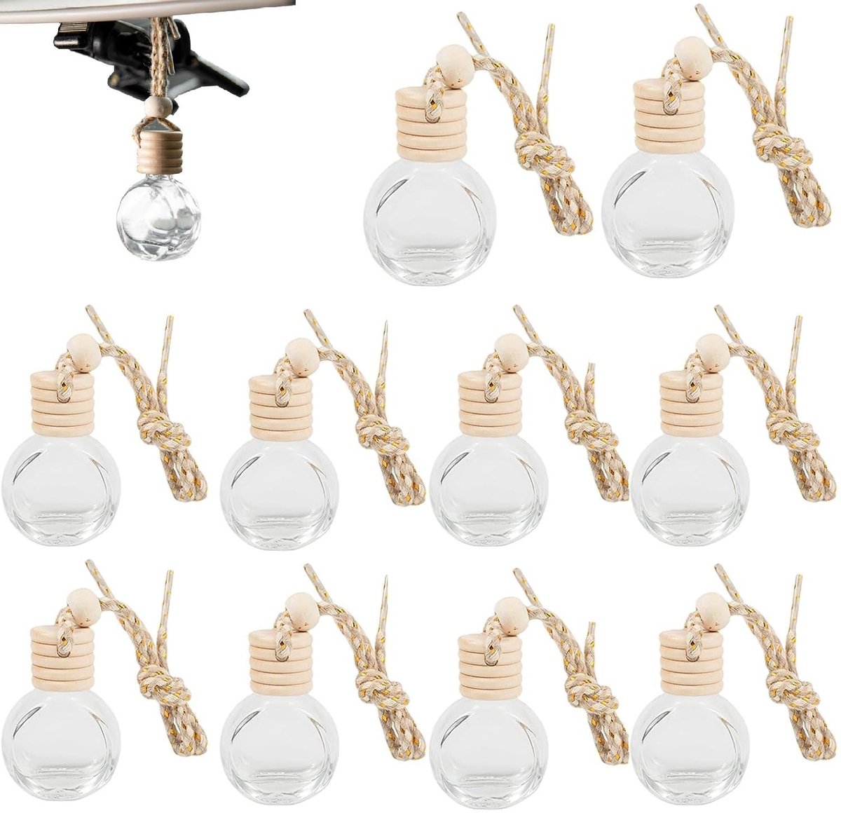 JHUBERS- Auto-parfumfles Leeg - 10 Stuks - Navulbaar - Houten Diffuser - Robuust Materiaal - Transparant Glasontwerp - Luchtverfrisser