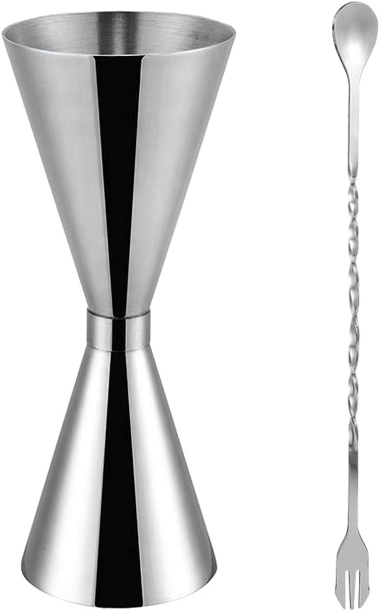 JHUBERS- Cocktailmaatbeker Dubbelzijdig - 30/60 ml - Roestvrij Staal - Cocktaillepel - Geschikt voor Cocktailparty's - Lichtgewicht 63 gram - Maatbeker