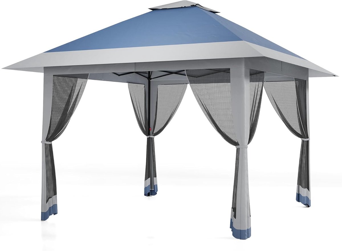 Pop-up Partytent 4x4 m - Vouwtent met Muggennet & Dubbel Dak - In Hoogte Verstelbaar - Waterdicht & UV50+ Bescherming - Inclusief Draagtas op Wielen & Zandzakken - Lichtblauw