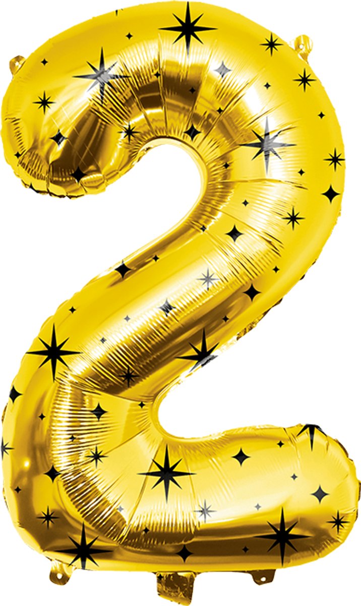 86 cm cijferballon - Folieballon cijfer 2 - Classy goud met zwarte sterren - Geschikt voor helium of lucht