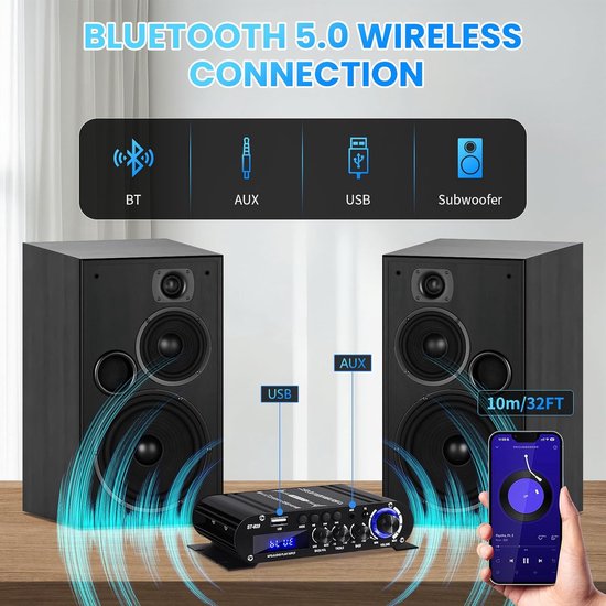 Bluetooth Versterker - Stereo Ontvanger - Muziek Afspelen - 2.1 Kanaals Systeem - Mini Formaat - Zwart — afbeelding 4