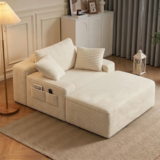Bealife AR69 Slaapbank – Eenpersoonsbank met 3 kussens, zijopbergruimte en armleuningen – Fluweel - 150×102×61 cm – Crème