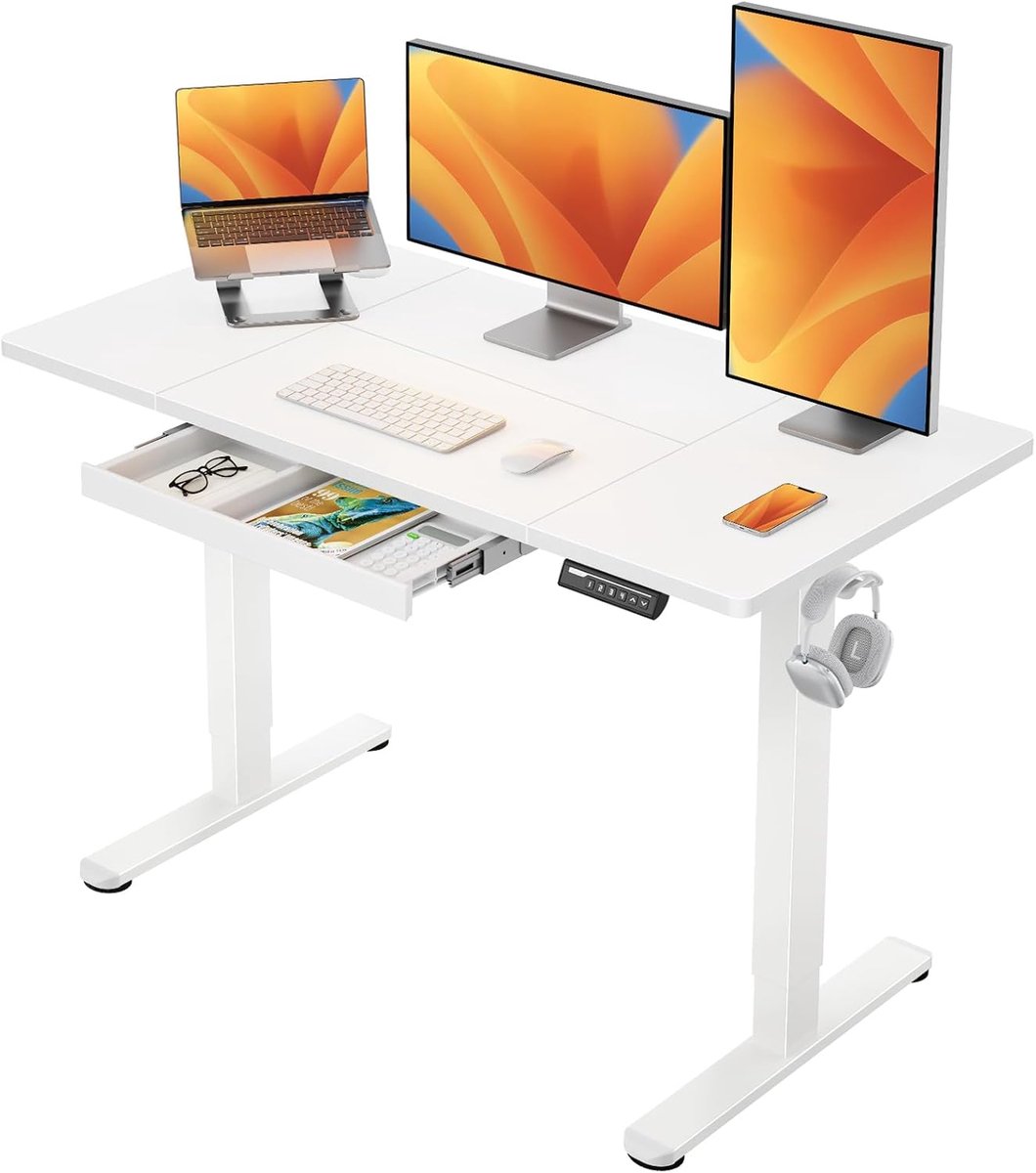 Elektrisch Zit-Sta Bureau 120x60 cm - Fluisterstil Met Lade & Smart Paneel - T-poot Design - Wit